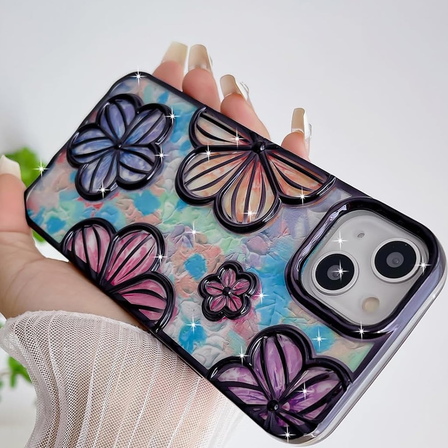 mobistyle Designed for iPhone 13 Cover| Electroplating Bling Colourful Floral 3D TPU Camera Protection Back Cover Case for Women Girls (Black)