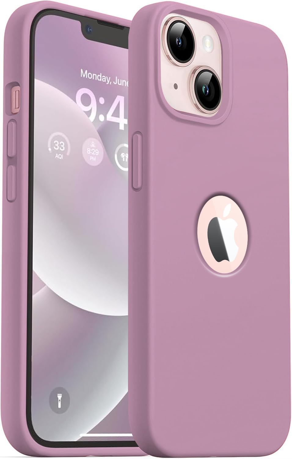 Elzzi Microfiber Logo Cut Cover Compatible for iPhone 13 Case Cushion Liquid Soft Silicone Gel Rubber Phone Cases Non-Slip Full Body Protective Shockproof Back Cover 6.1 inch, Lilac