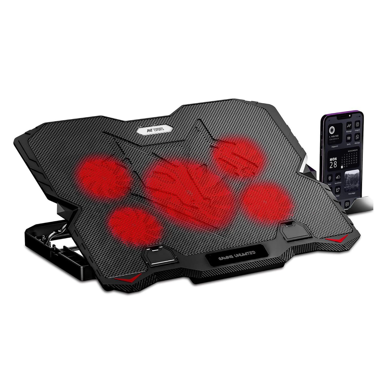 Ant Esports NC190 Laptop Cooling Pad Laptop Cooler with Mobile Holder 1 * 1 125mm and 4 * 1 60mm Quite Red Fans LED Display Laptop Holder 5 Height Adjustable Angle 2USB Ports for Laptop up to 15.6”