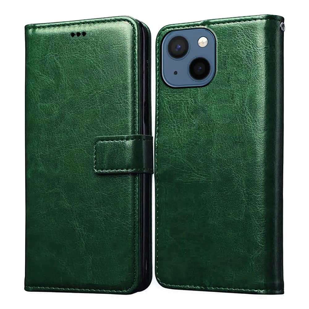 Casotec Flip Cover Back Case for Apple iPhone 13 Mini | Premium Leather Finish | Inbuilt Pockets & Stand | Flip Cover Back Case for Apple iPhone 13 Mini (Green)