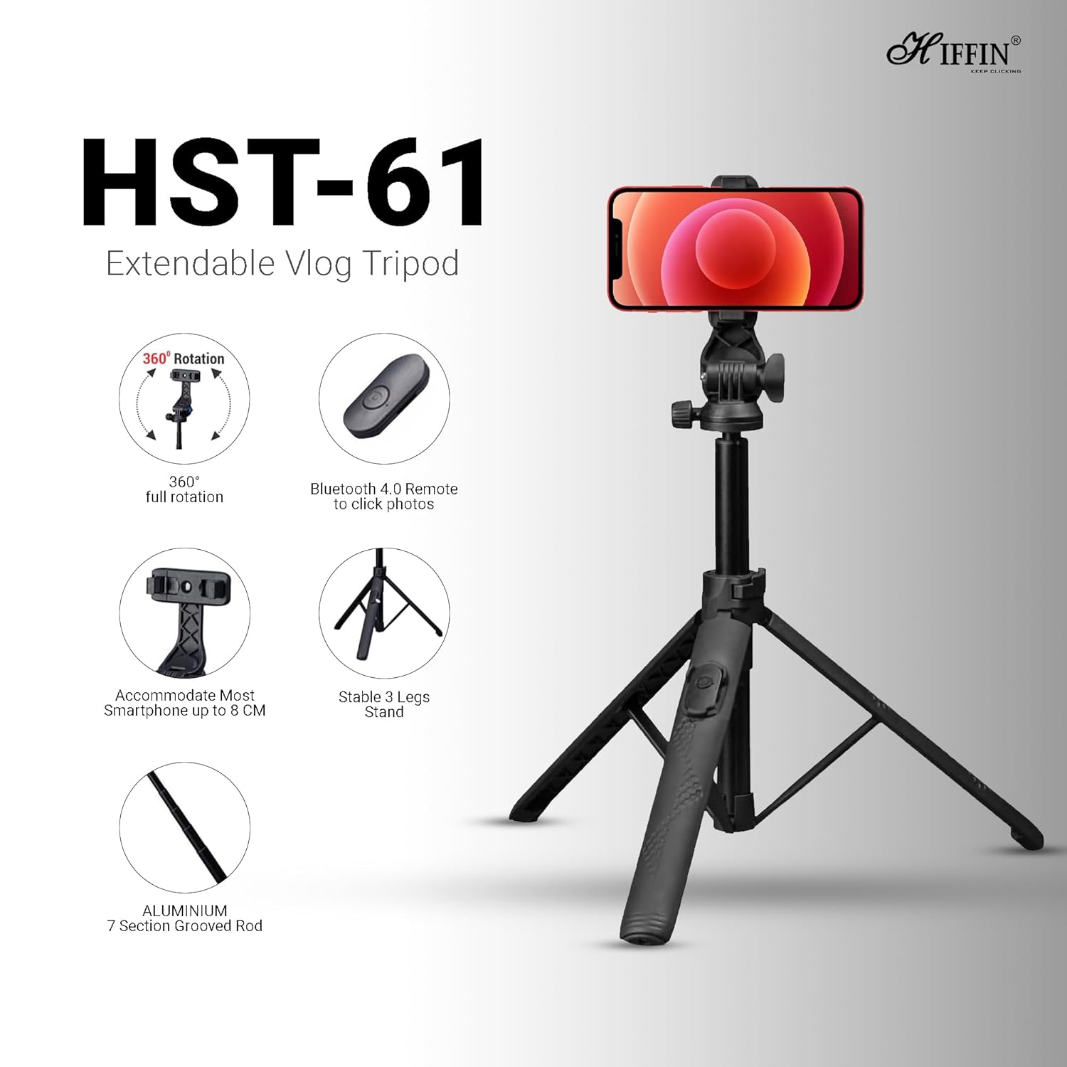HIFFIN HST-61 Selfie Stick Tripod, 63” Professional Tripod with Wireless Remote, Portable Travel Tripod Stand Compatible with Smartphones & Cameras for Vlogging/Video Recording/Live Streaming