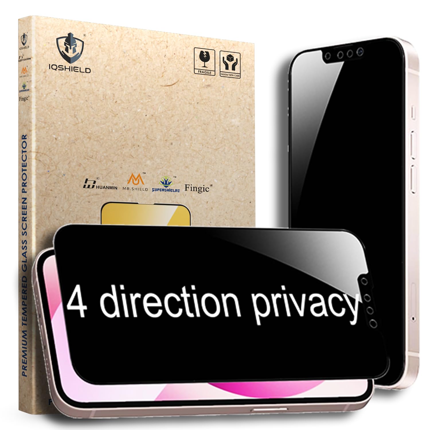 IQShield 4-Way 360° True Privacy Tempered Glass Screen Protector Guard for iPhone 16E / 14/13 / 13 Pro, Case Friendly, 9H Hardness, Easy Installation – 6.1″