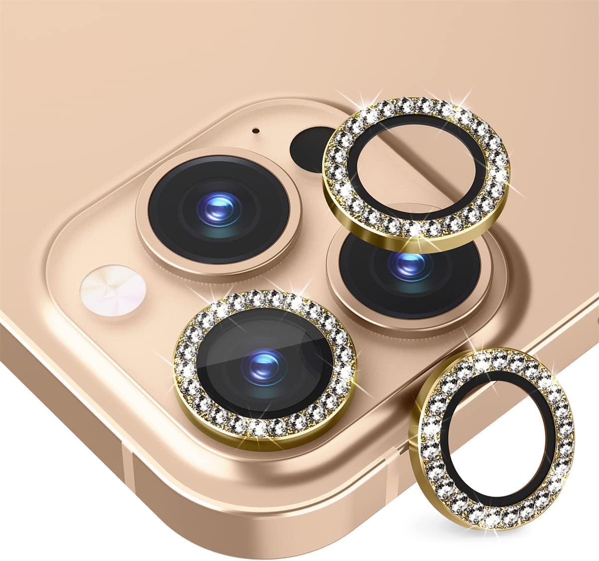 KEKOZE Diamond Camera Lens Protector Compatible With iPhone 13 Pro and iPhone 13 Pro Max 9H Tempered Glass Camera Cover Screen Protector Metal Ring Decoration Accessories – Gold