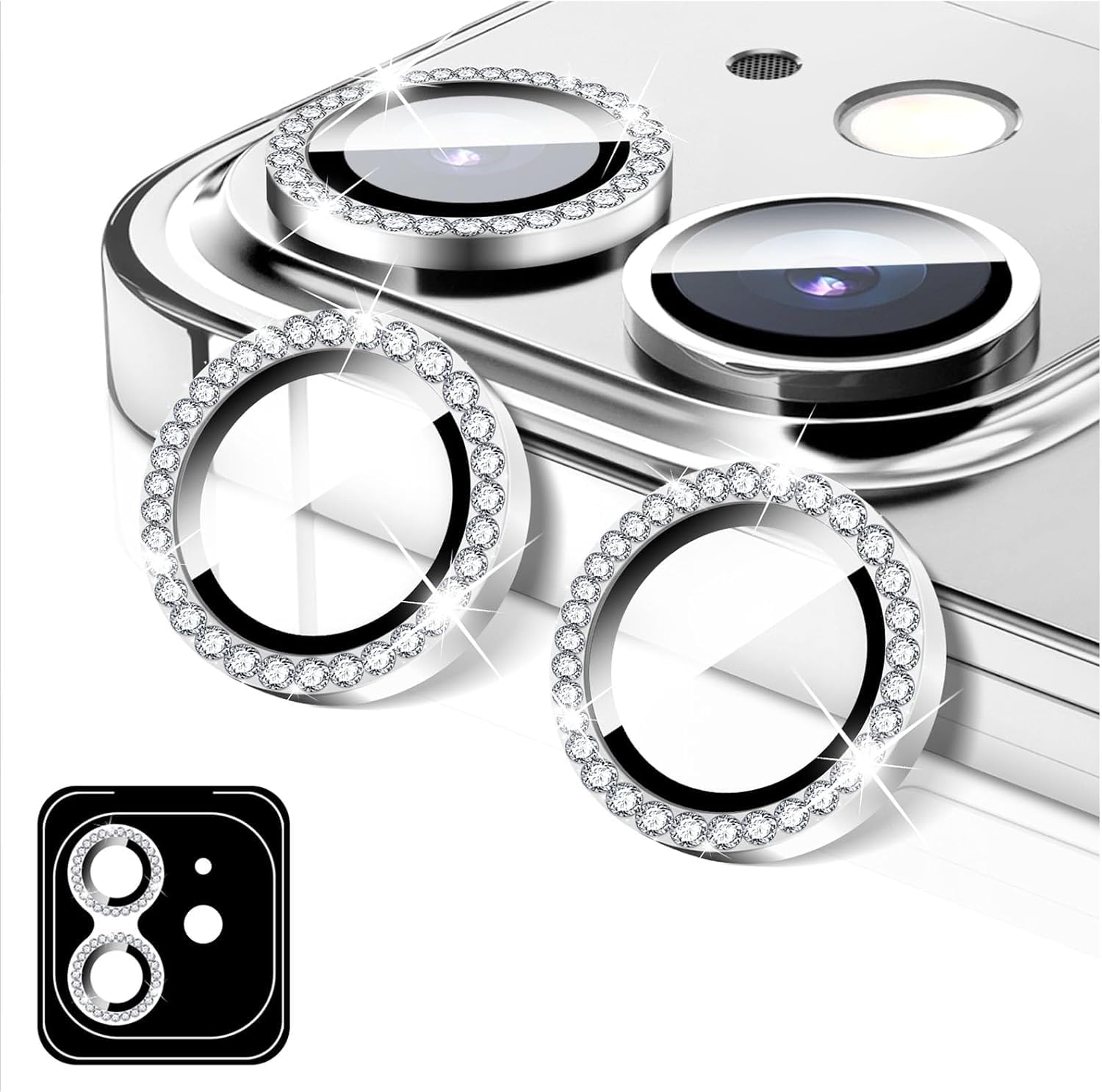 KEKOZE Diamond Camera Lens Protector Compatible With iPhone 13 and iPhone 13 Mini 9H Tempered Glass Camera Cover Screen Protector Metal Ring Decoration Accessories – Silver