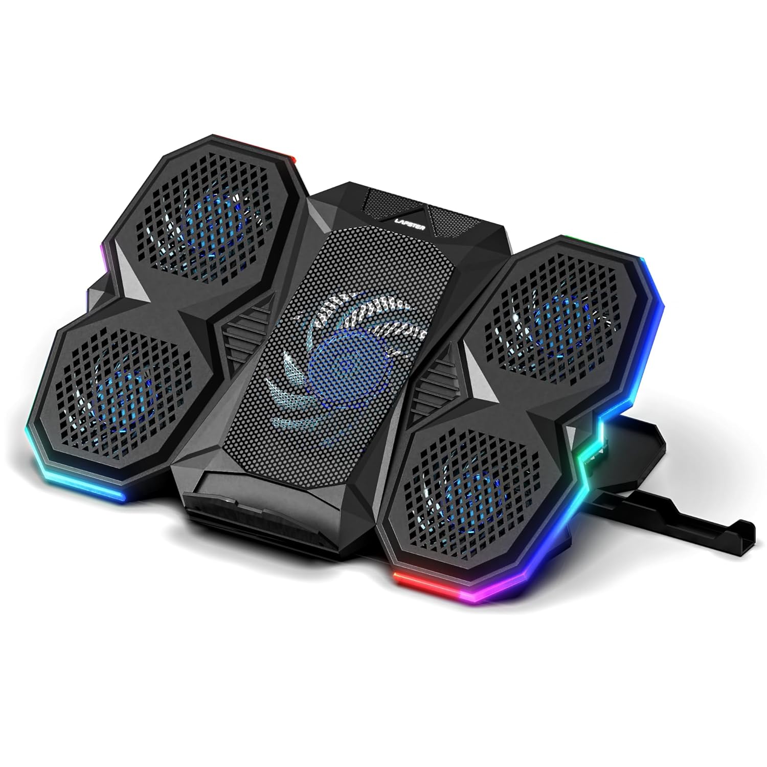 Lapster Chillpro Breeze Laptop Cooler pad with 5 Cooling Fans, RGB Light Modes, Mobile Holder, USB Powered, Multi-Level Height Adjustable, Metal Mesh Grill, for up to 17 inch Laptops (Black)