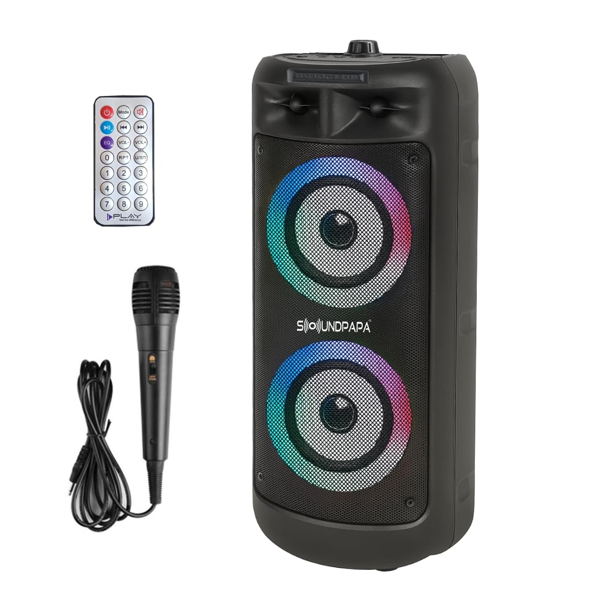 Soundpapa 50W Loud Wireless Bluetooth Speaker with FM | Powerful Multimedia Speaker with RGB Lighting | Wireless, Portable & Includes Mic and Remote (3H Playtime) (SonicBeam X2)