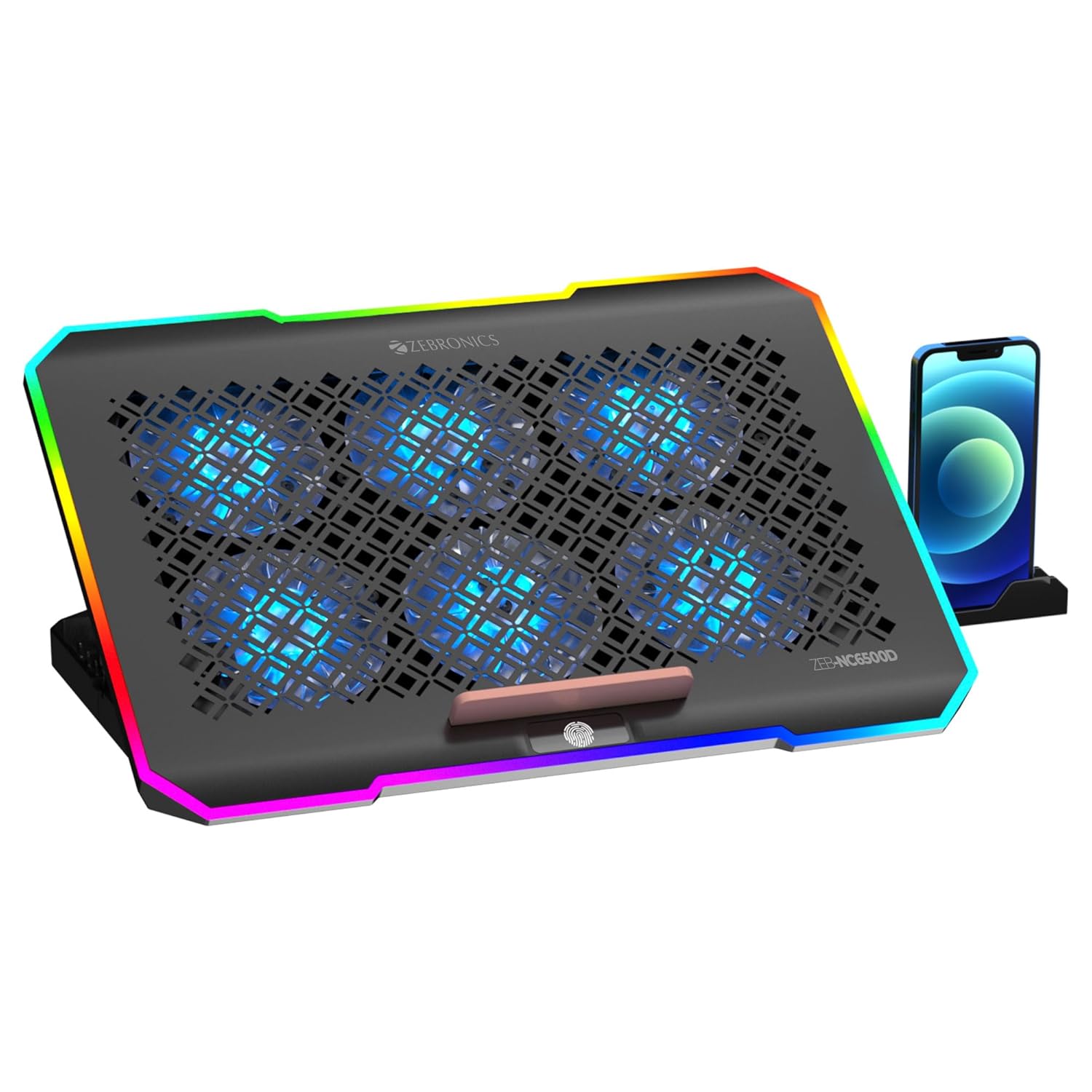 ZEBRONICS NC6500D Laptop Cooling Pad with Support up to 17 inch (43.18 cm) Laptops, Hexa Fans, Speed Control, RGB LED, Detachable Mobile Holder, 5 Step Retractable Stand, Built in USB Ports (Black) ZEBRONICS NC6500D Laptop Cooling Pad with Support up to 17 inch (43.18 cm) Laptops, Hexa Fans, Speed Control, RGB LED, Detachable Mobile Holder, 5 Step Retractable Stand, Built in USB Ports (Black)