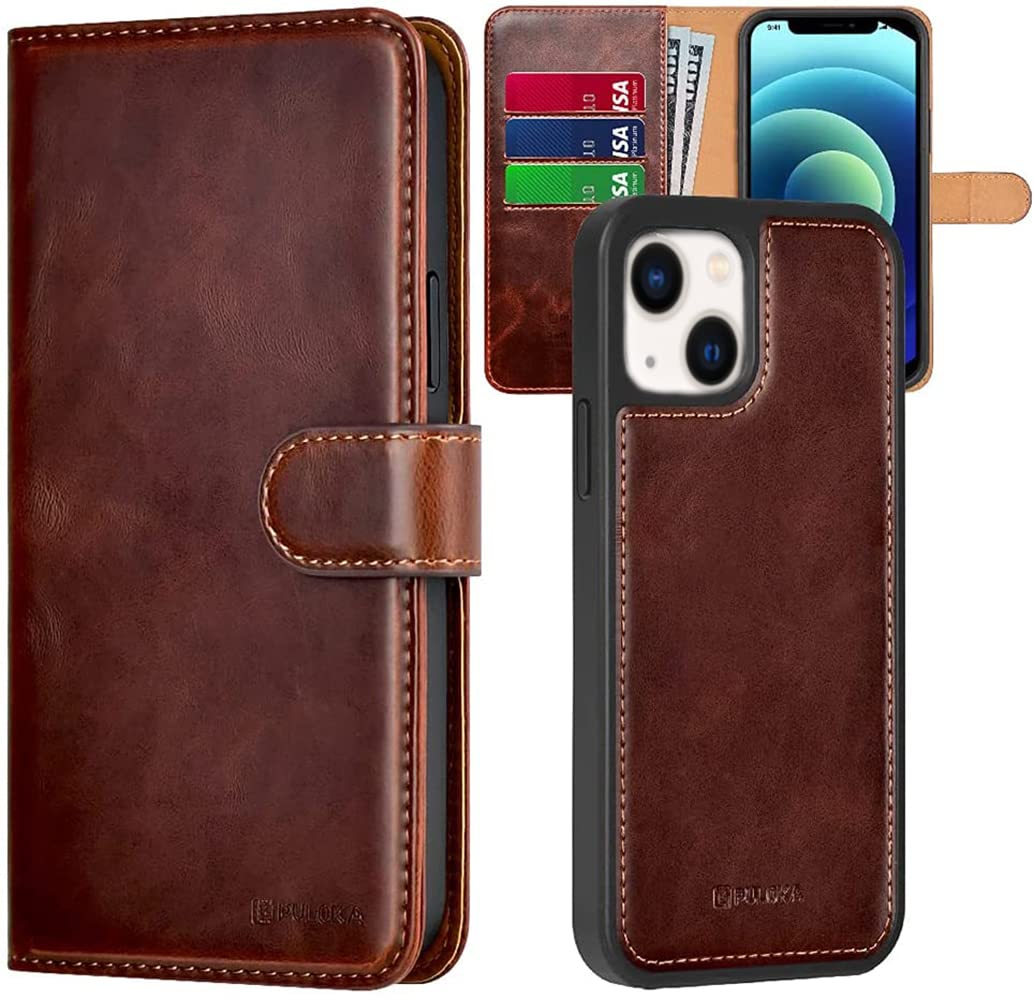 PULOKA iPhone 13 PU Leather Wallet Flip Case Cover with Detachable 2 in 1 Function – Brown