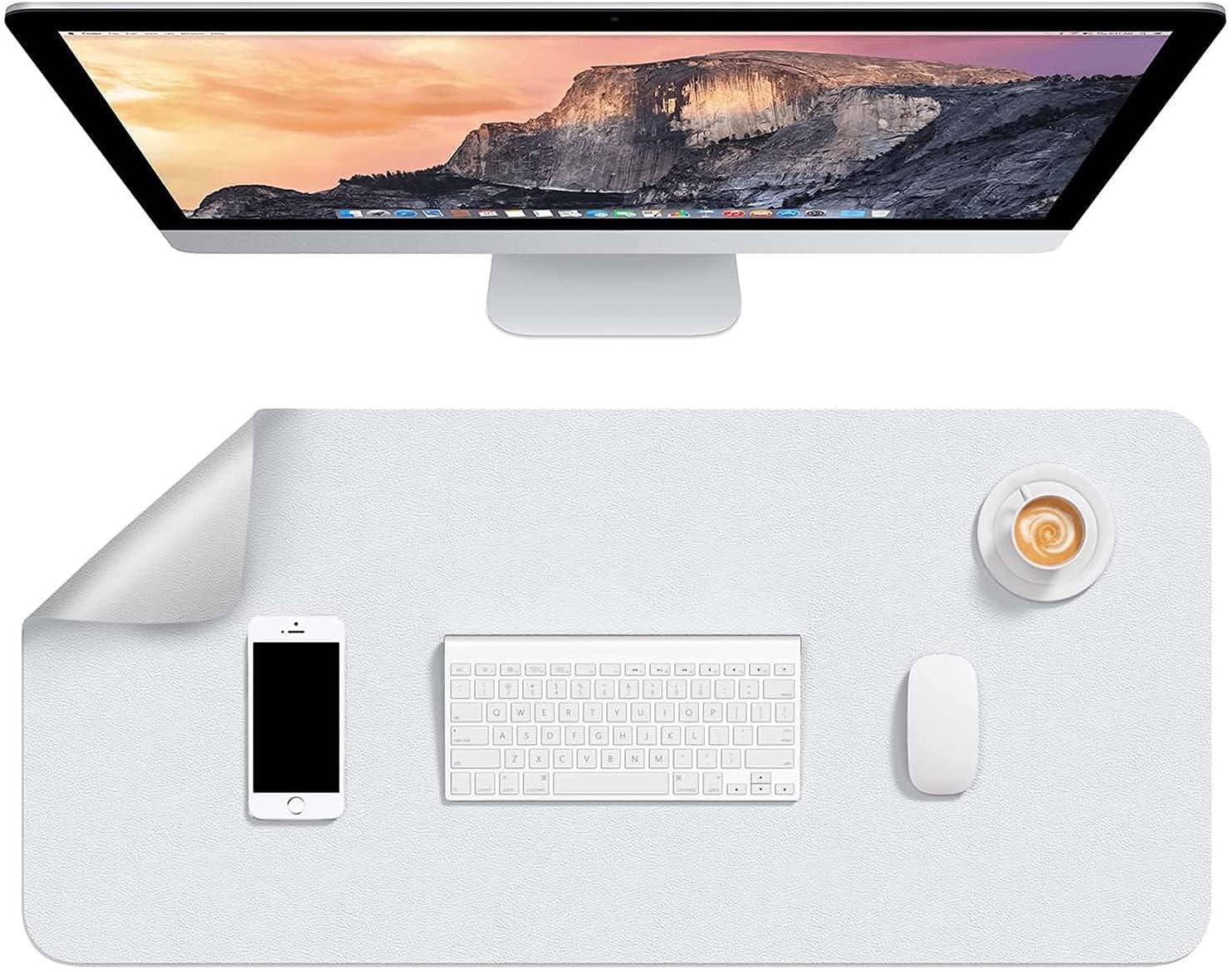 SYGA Desk Pad Protector Waterproof PU Desk Mat Blotters on Desktop Laptop Computer Gaming Keyboard Mouse Pad Non-Slip Desk Writing Mat Cover for Office & Home 90CM * 45CM White & Silver