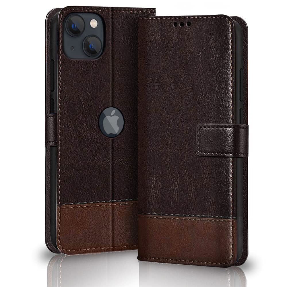 TheGiftKart iPhone 13 Flip Back Cover Case | Dual-Color Leather Finish | Inbuilt Stand & Pockets | Wallet Style Flip Back Case Cover for iPhone 13 (Coffee & Brown)