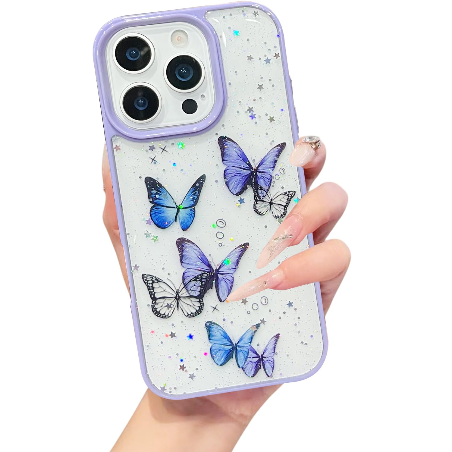 VONZEE for iPhone 15 Pro Max Clear Glitter Butterfly Case, Cute Bling Sparkle Shiny Soft TPU Bumper Shockproof Women Girls Slim Protective Phone Cover for iPhone 15 Pro Max 6.7″,Purple