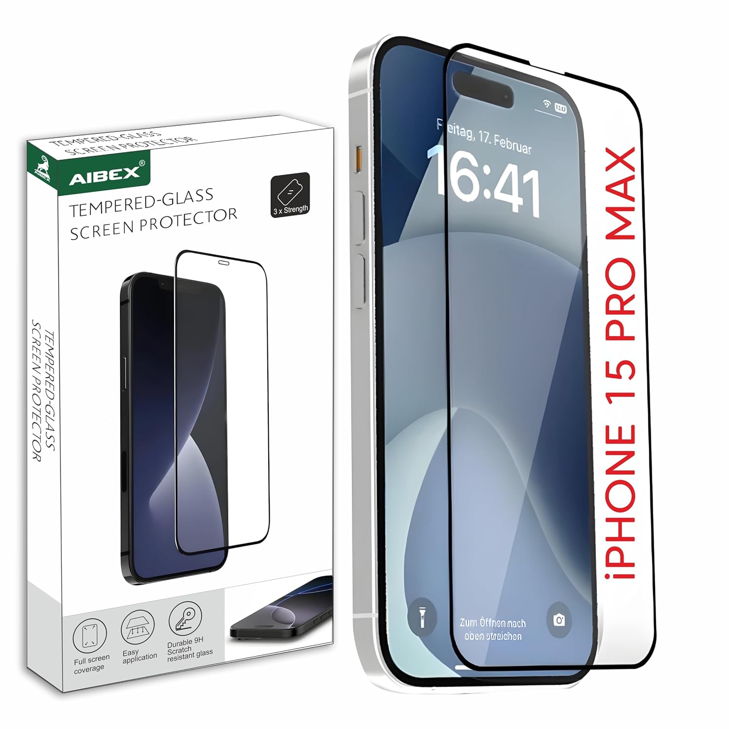 AIBEX Tempered Glass for iPhone 15 Pro Max – 9H Hardness Anti Glare Screen Protector, Anti Fingerprint, Water Resistant, Edge-to-Edge Full Coverage, HD Clarity, Scratch Resistant, Bubble-Free