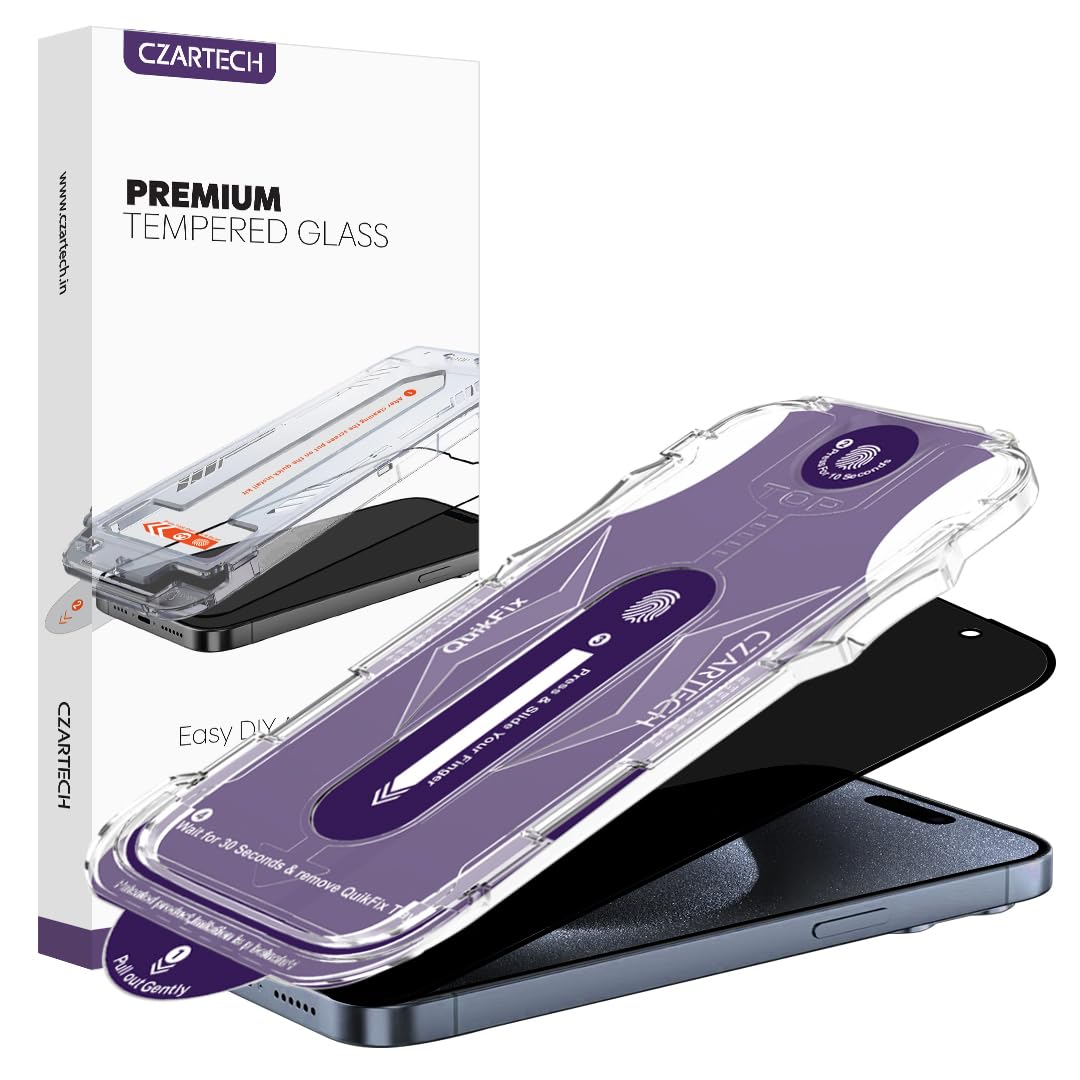 CZARTECH Auto Align Privacy Tempered Glass for iPhone 15 Pro Max Edge to Edge Screen Guard Protector Quick Fix Glass with Easy Application Kit.