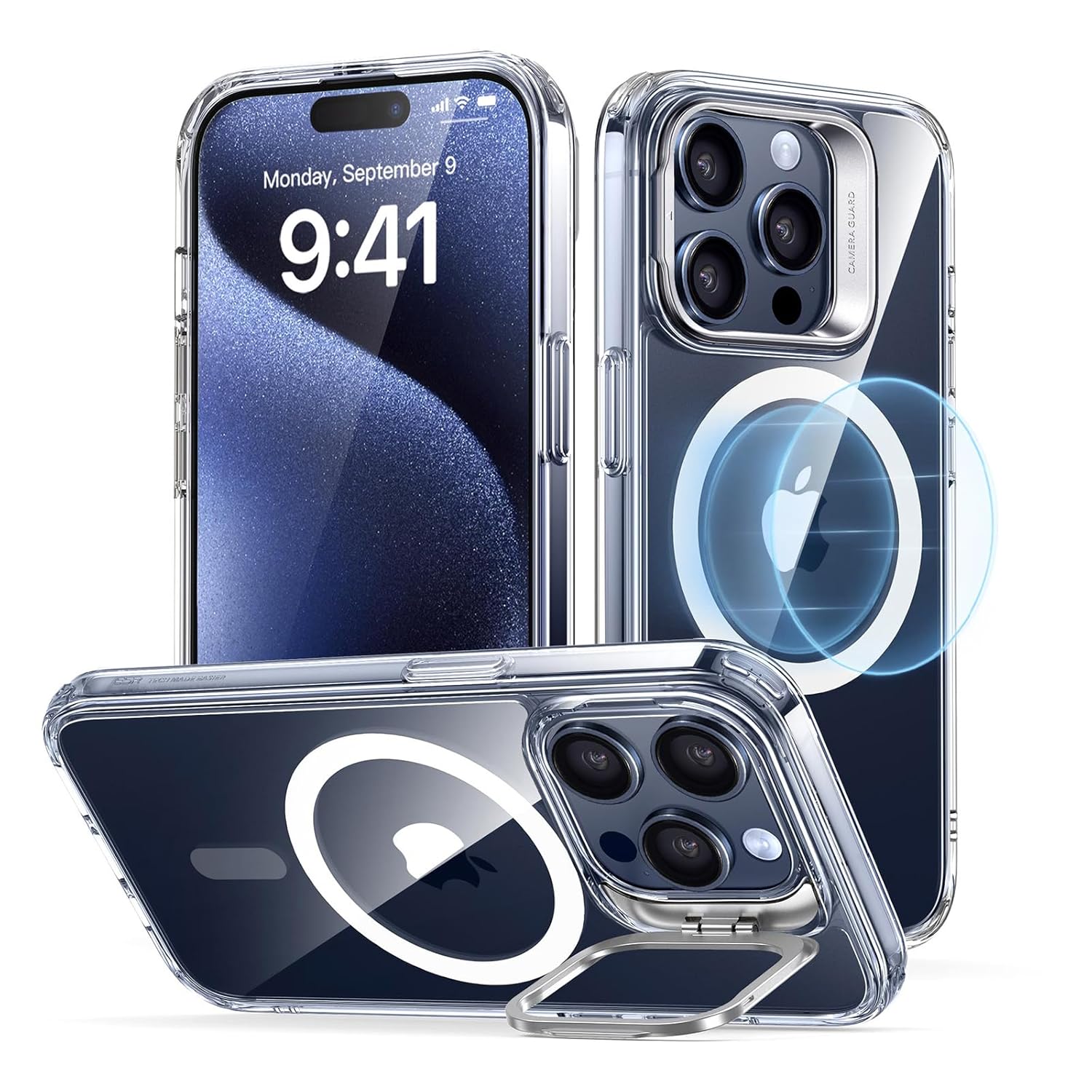 ESR for iPhone 15 Pro Case, Compatible with MagSafe, Military-Grade Protective Case, Built-in Stash Stand Phone Case, Scratch-Resistant TPU Back Cover, Classic Series, Clear