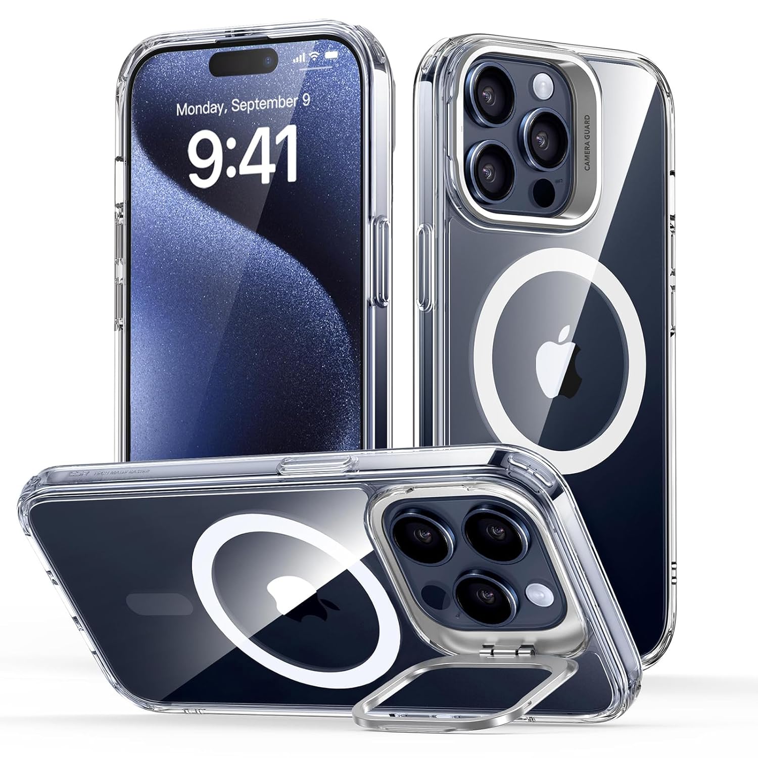 ESR for iPhone 15 Pro Max Case, Compatible with MagSafe, Military-Grade Protective Case, Built-in Stash Stand Phone Case, Scratch-Resistant TPU Back Cover, Classic Series, Clear