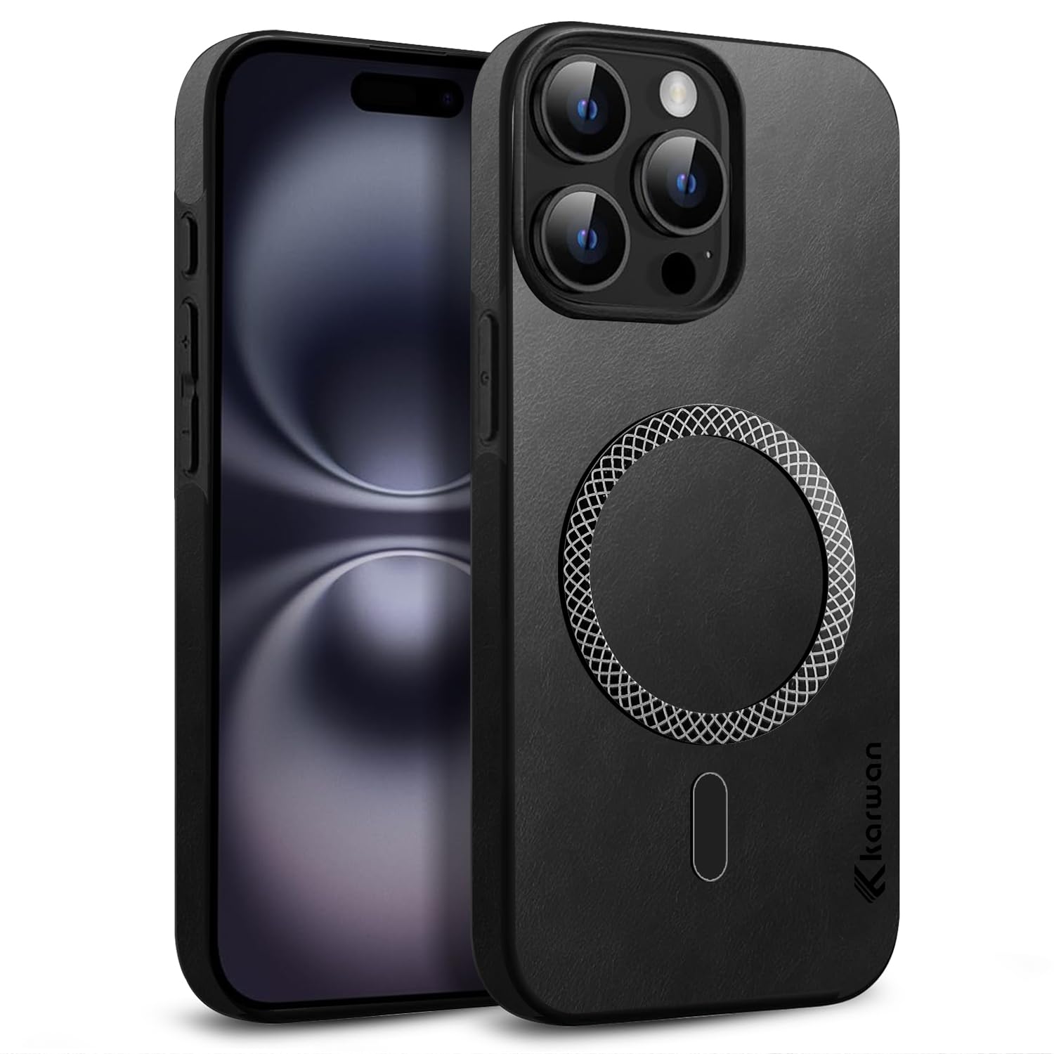 KARWAN®️-Magnetic Shockproof Artificial Leather Back Case Cover for iPhone 15 Pro Max Wireless Mag-Safe Charging Slim Anti-Scratch Shield Strong Minimalist Design -(Black) KARWAN®️-Magnetic Shockproof Artificial Leather Back Case Cover for iPhone 15 Pro Max Wireless Mag-Safe Charging Slim Anti-Scratch Shield Strong Minimalist Design -(Black)