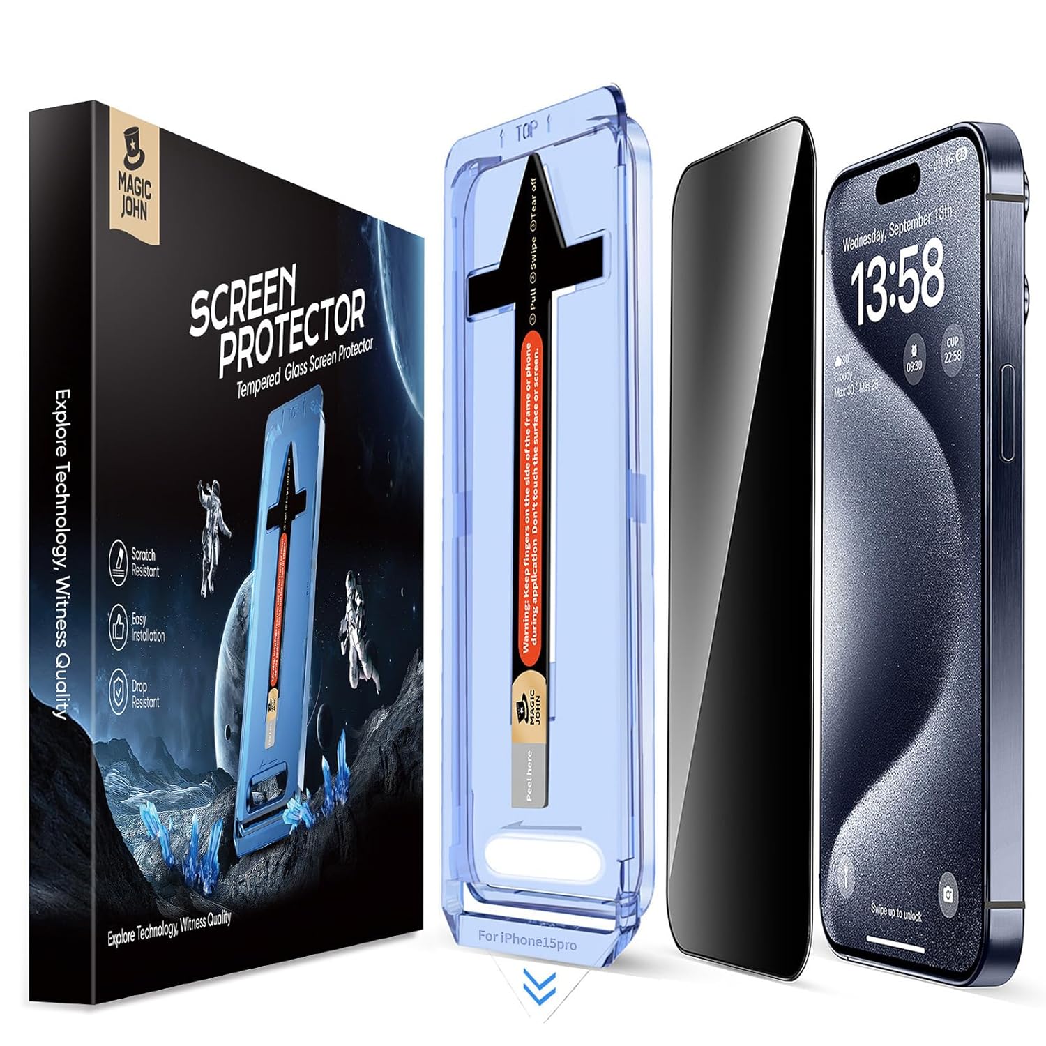 MAGIC JOHN 2 Pack for iPhone 15 Pro 6.1 inch Privacy Glass Screen Protector, Anti-spy Tempered Glass Film, Auto Dust-Elimination Installation, Bubble Free