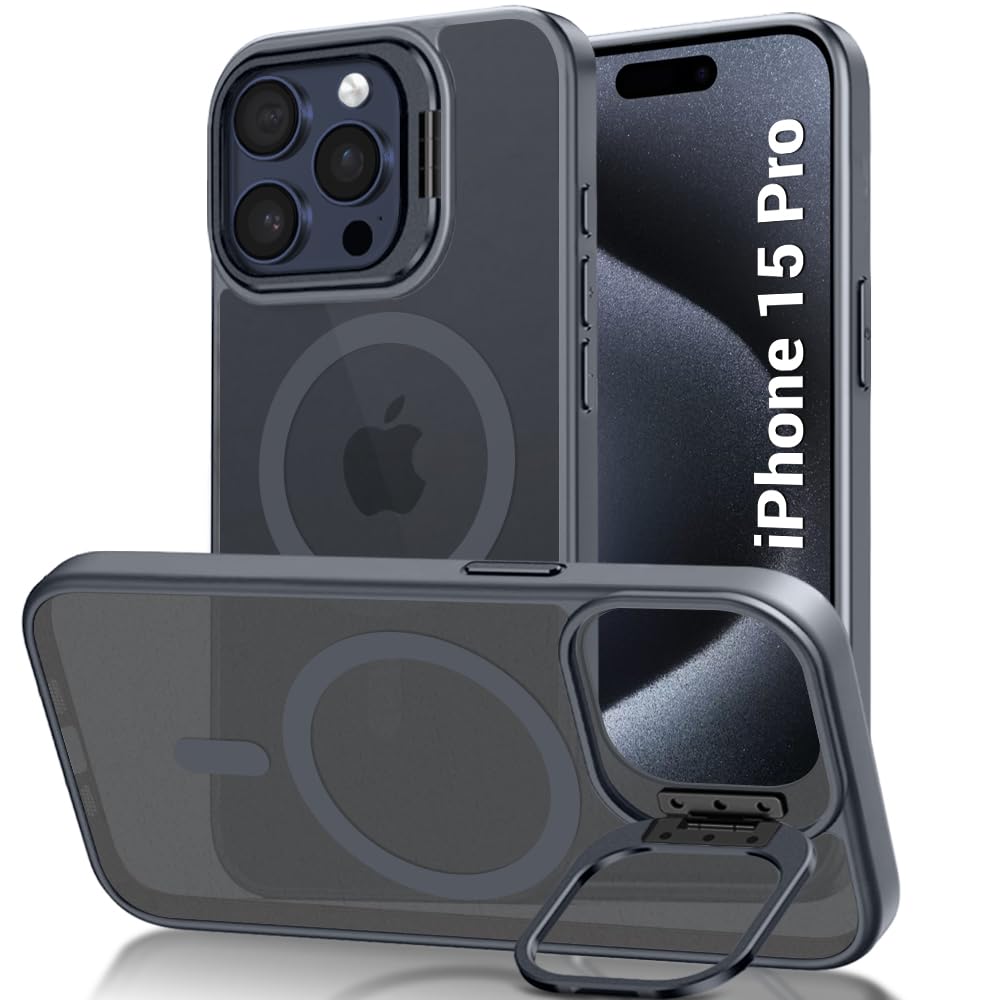 TheGiftKart Hybrid Matte Frosted Back Cover Case for iPhone 15 PRO Compatible with MagSafe | Built-in Stand | Shockproof Hard Case Cover for iPhone 15 PRO (PC & TPU, Translucent Grey)