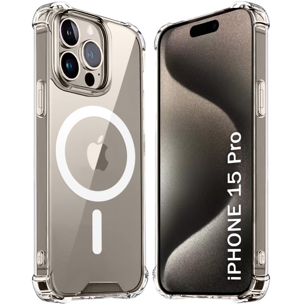 TheGiftKart Shockproof Ultra-Hybrid Back Cover Case for iPhone 15 Pro Compatible with MagSafe | 360° Protection | Crystal Clear Hard Back Cover Case for iPhone 15 Pro (PC & TPU, Transparent Bumper)