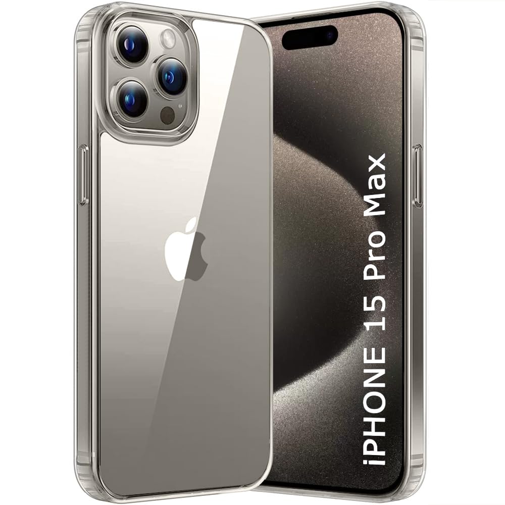 TheGiftKart Ultra-Hybrid Crystal Clear Back Case Cover for iPhone 15 Pro Max | Shockproof Design | Camera Protection Bump | Hard Clear Back Case Cover for iPhone 15 Pro Max (PC & TPU, Transparent)