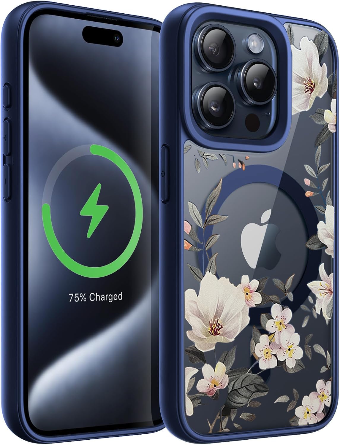 VONZEE Compatible with iPhone 15 Pro Case Luxury Retro Flowers Floral Clear for Magnetic Wireless Charging Case Shockproof Case PC+TPU Cute Glossy Shiny Cover for Girls Women, 6.1” Navy Blue
