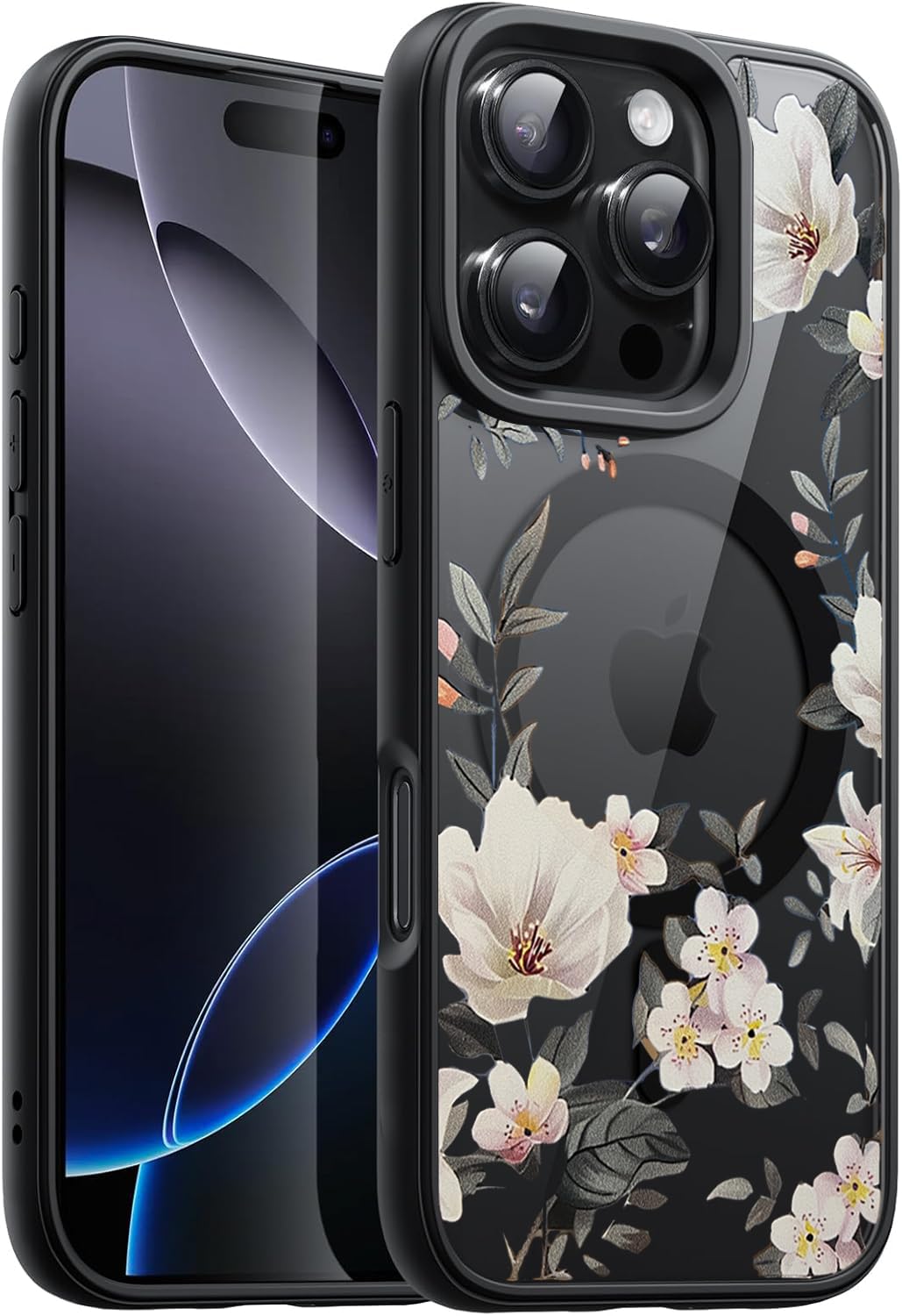 VONZEE Compatible with iPhone 15 Pro Max Case Luxury Retro Flowers Floral Clear for Magnetic Wireless Charging Case Shockproof Case PC+TPU Cute Glossy Shiny Cover for Girls Women, 6.7” Black