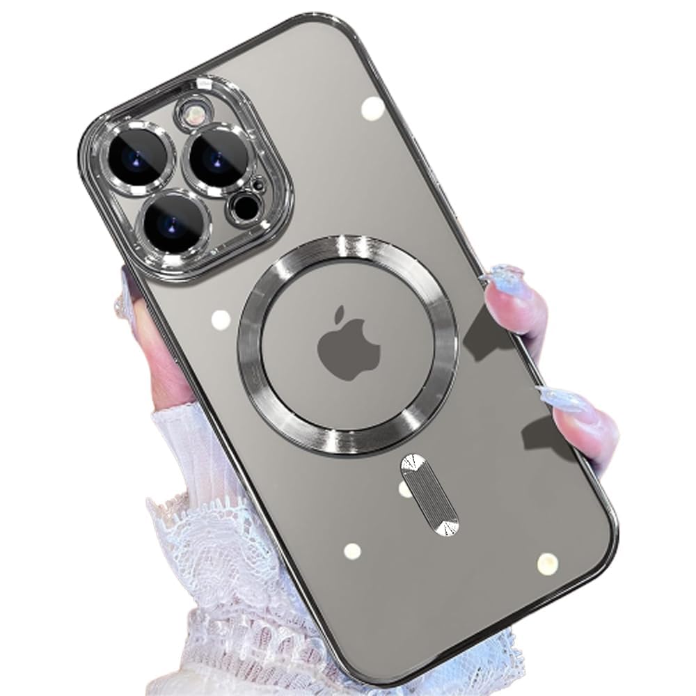 VONZEE TPU Electroplating Transparent Clear Logo Cover for iPhone 15 Pro Max Case 6.7In,Compatible with Magsafe,Full Body&Individual Camera Protection for Each Lens for Men&Women(Titanium Grey)