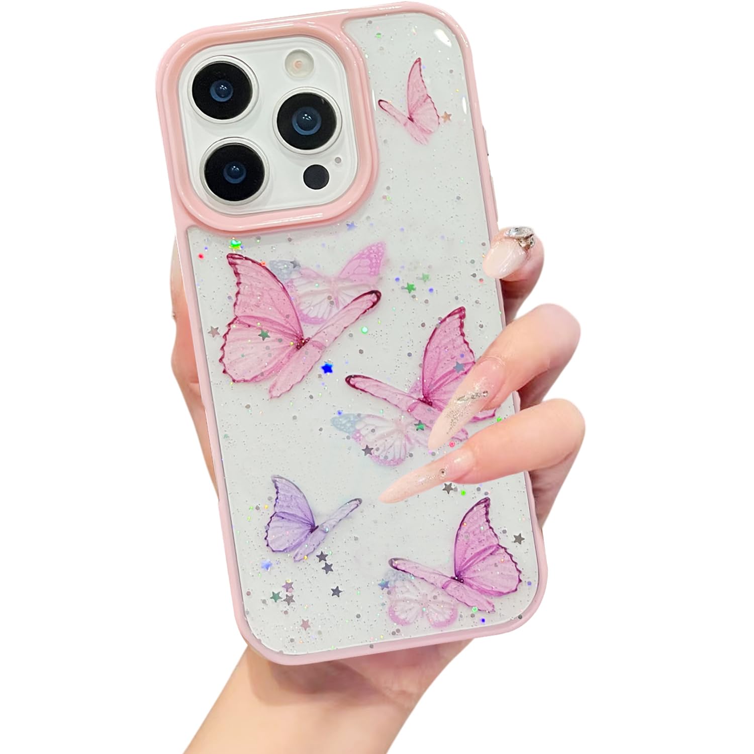 VONZEE for iPhone 15 Pro Max Clear Glitter Butterfly Case, Cute Bling Sparkle Shiny Soft TPU Bumper Shockproof Women Girls Slim Protective Phone Cover for iPhone 15 Pro Max 6.7″,Pink