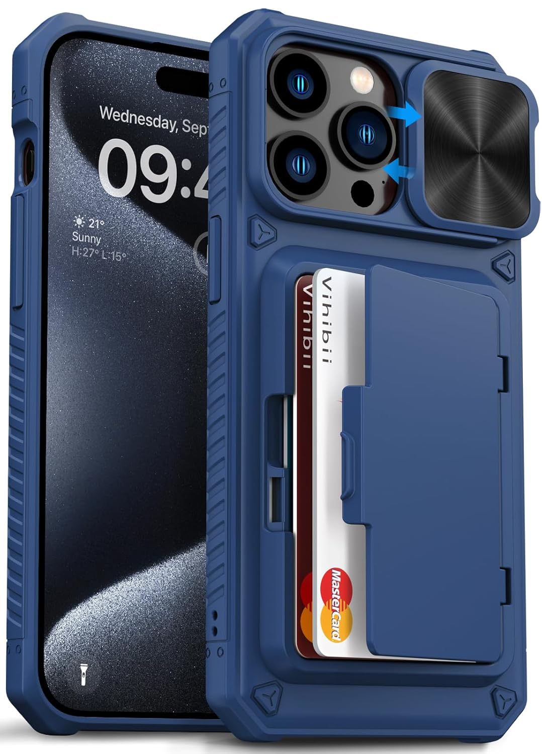 Vihibii Newly Upgrade for iPhone 15 Pro Max Wallet Case with Slide Camera Cover & Card Holder (4 Cards) & Kickstand, Hard Case for iPhone 15 Pro Max 6.7″, Blue
