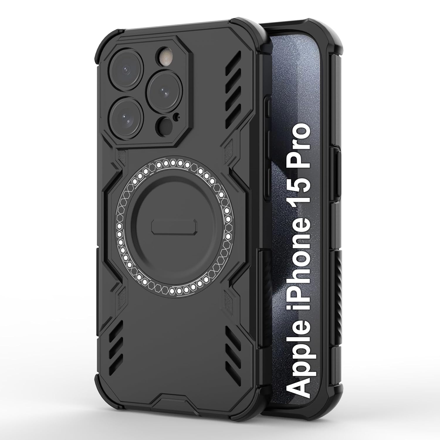 Zapcase Back Case Cover for iPhone 15 Pro | Magnetic Case with Built-in Metal Ring | Supports MagSafe Charger, Wallet & Car Mount | Shockproof Hybrid PC + TPU | Black