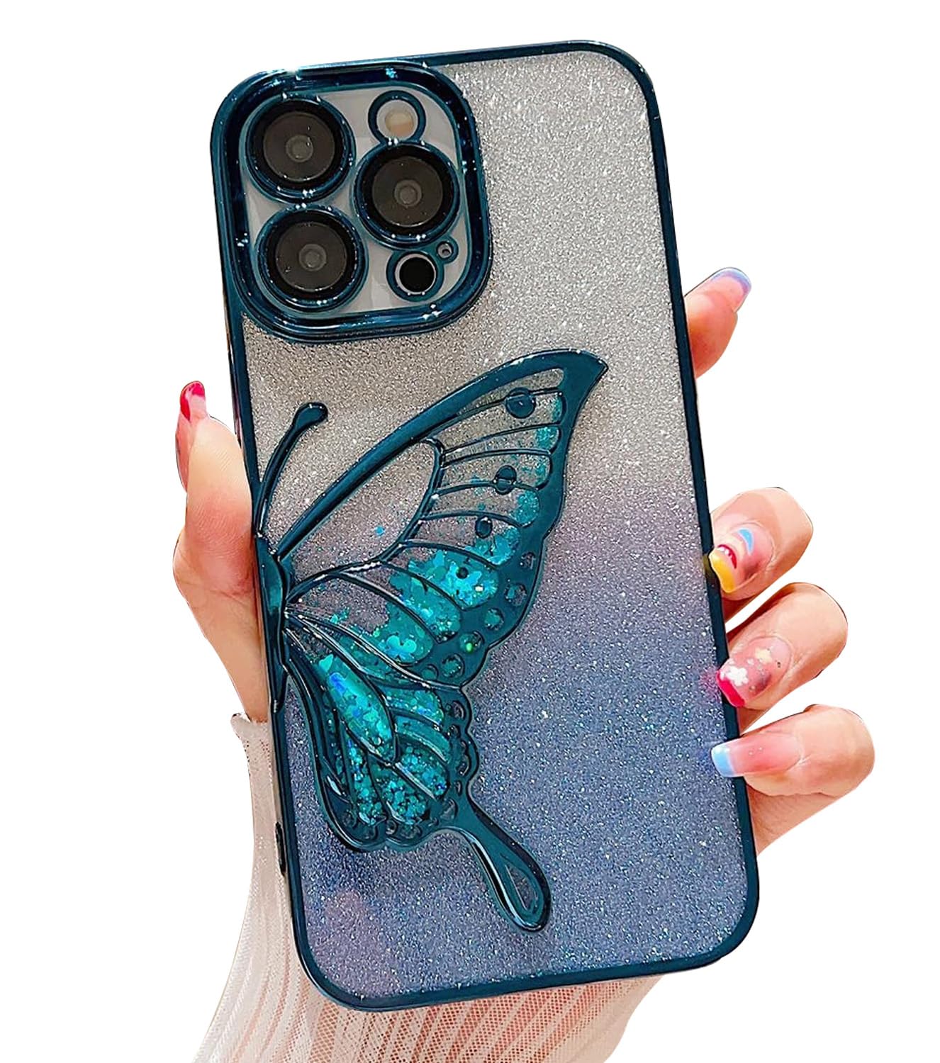 mobistyle Silicone Designed For iPhone 15 Pro Cover With Glitter Cute Butterfly Electroplating Design Back Cover Case For Women Teen Girls (Blue)