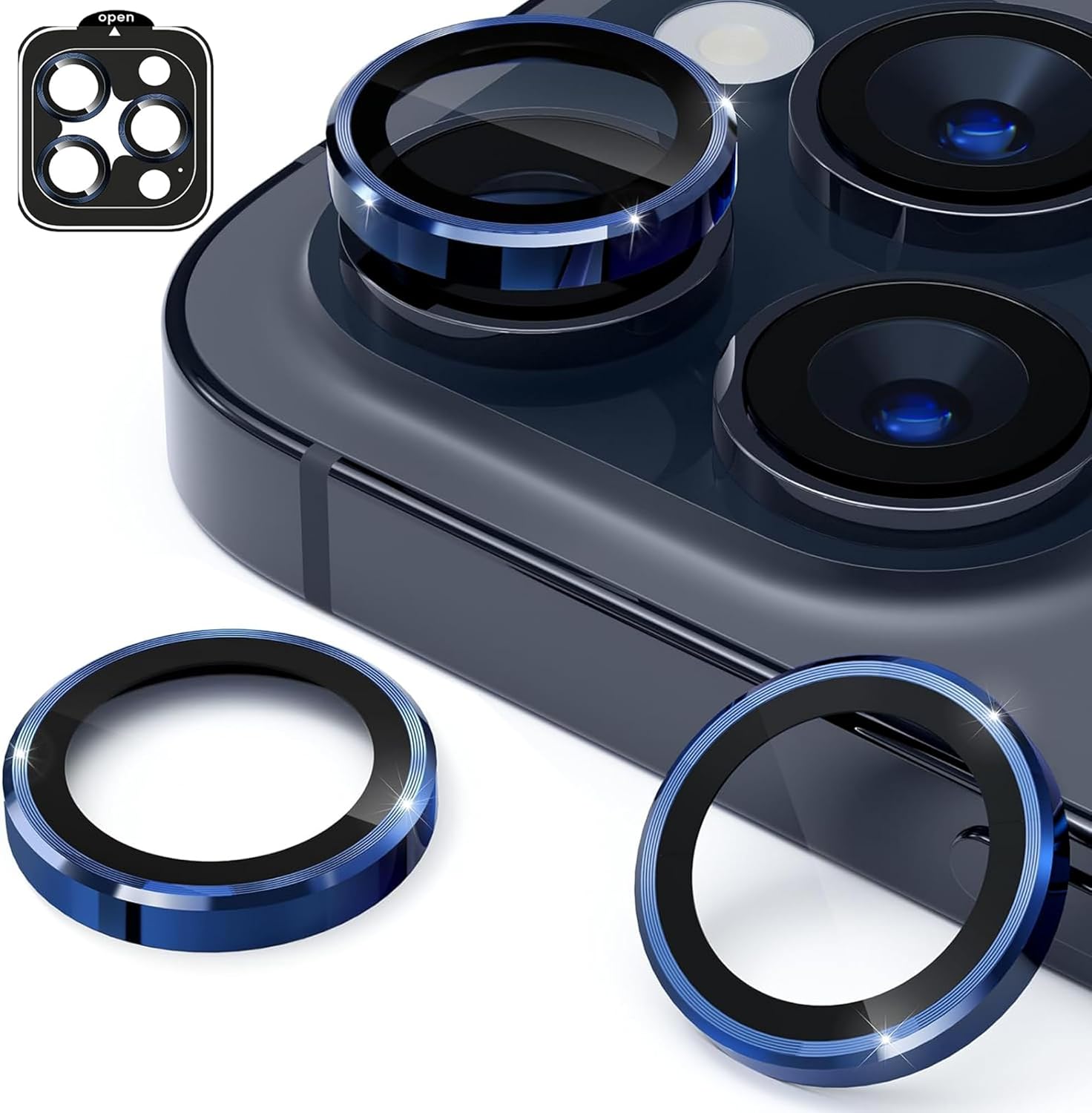Camera Protector for iPhone 15 Pro/Pro Max, 9H Hardness Glass Anti-Scratch Metal Ring Cover, Clear HD Titanium Accessories [Original Lens Design], Blue