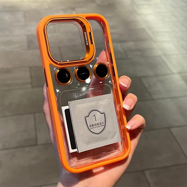 Clear Case for iPhone 15 Pro | Metal Lens Protector & 180° Rotating Bracket | Shockproof Transparent Hard Back Cover with Soft TPU Frame – Orange