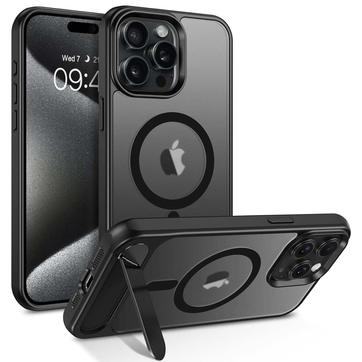 DOMAVER for iPhone 15 Pro Max Case, Compatible with MagSafe, Military-Grade Protective Case with Built-in Stand, Translucent Matte Shockproof Cover for iPhone 15 Pro Max 6.7”, Black