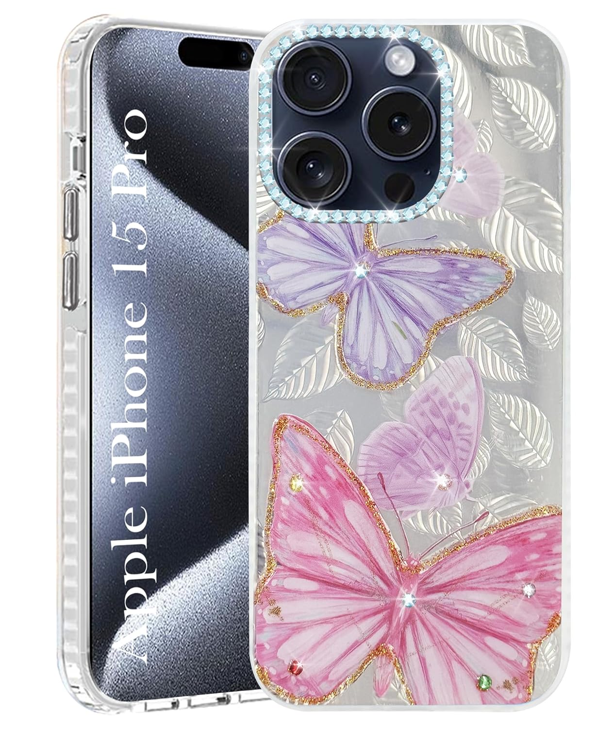 Jkobi Back Cover Case for Apple iPhone 15 Pro (Luxury Floral Glitter Cute Butterfly | Diamond Studded Camera Bump | Girls & Women Design)