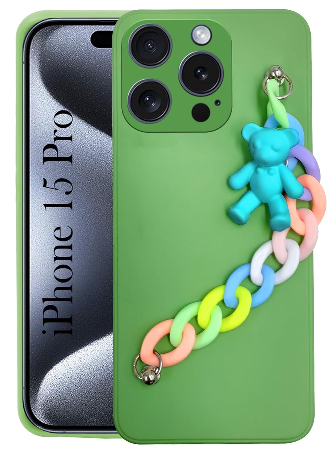 Jkobi Back Cover for iPhone 15 Pro Girls Case with Bracelet (Wrist Hanging Chain | Teddy Toy Cartoon | Matte Green)