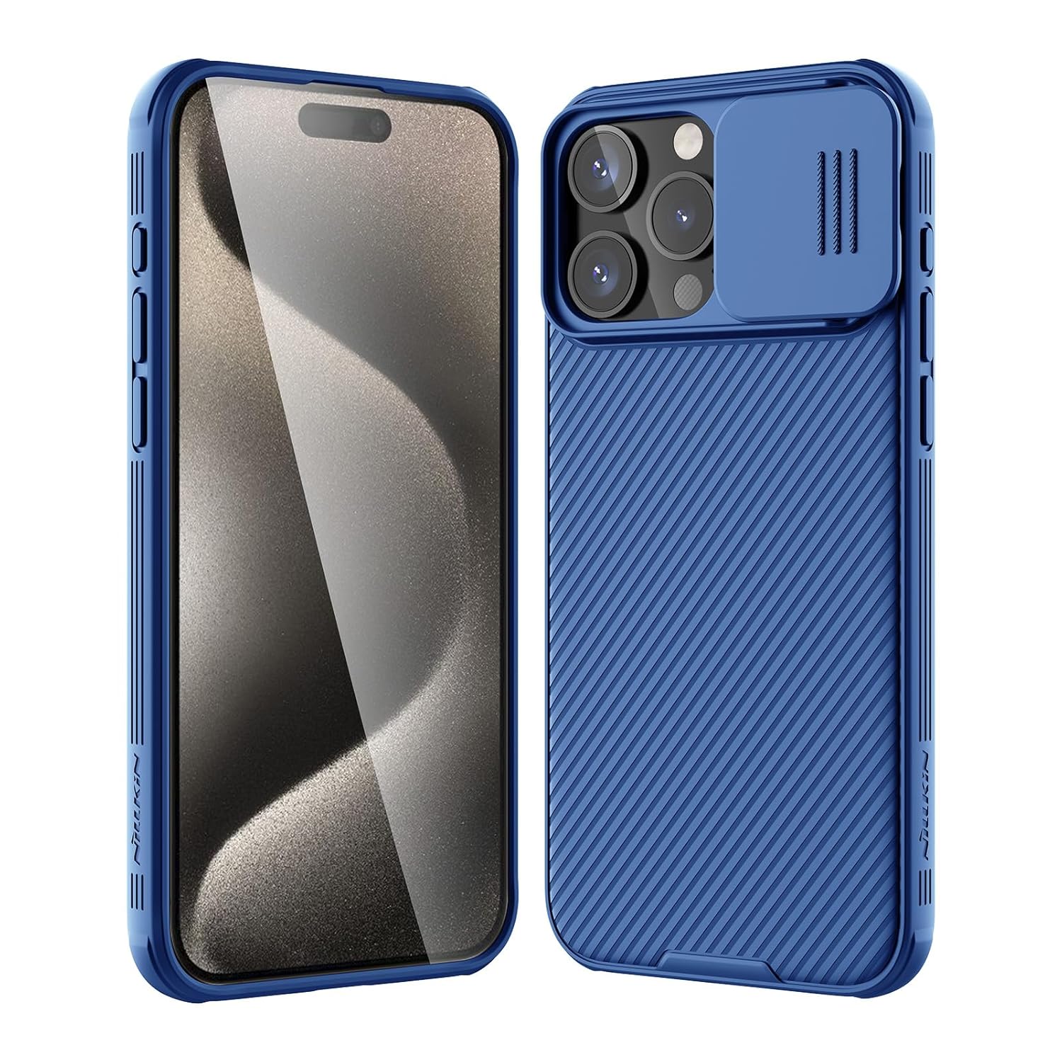 Nillkin for iPhone 15 Pro Max Case with Sliding Camera Cover, Slim Shockproof Protective Phone Case, [Upgraded Lens Protection], [Hard PC+TPU Bumper], [Anti-Fingerprint], 6.7″ 2023, Blue