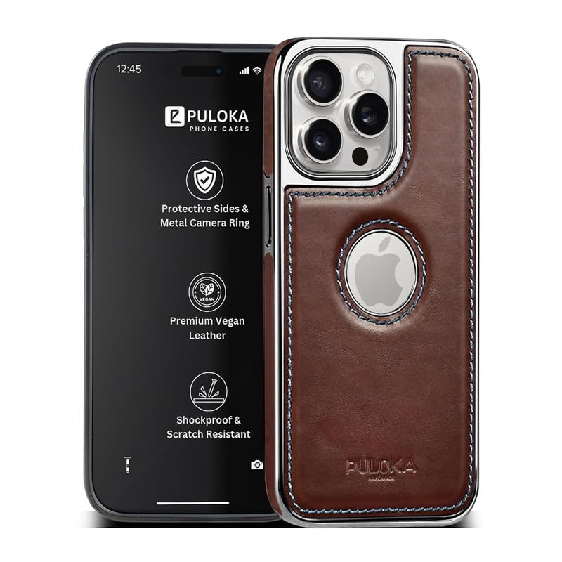 PULOKA Chrome Leather Back Case – Compatible with iPhone 15 Pro Max – Luxury Bumper Case – Flexible Vegan Leather – Electroplated Sides & Logocut – Full Camera Protetection & Raised Edges – Brown