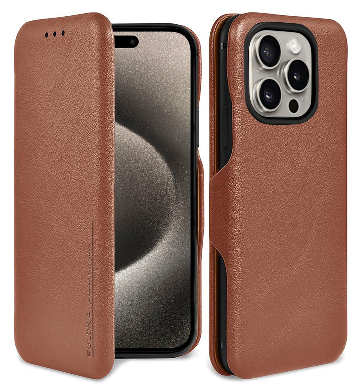 PULOKA for iPhone 15 PRO – Sleek Flip Case – Premium Vegan Leather Phone Cover with Card Slot – Slim, Durable, Privacy Protection – Kickstand Function – Elegant Flip Wallet Cases for Apple – Brown