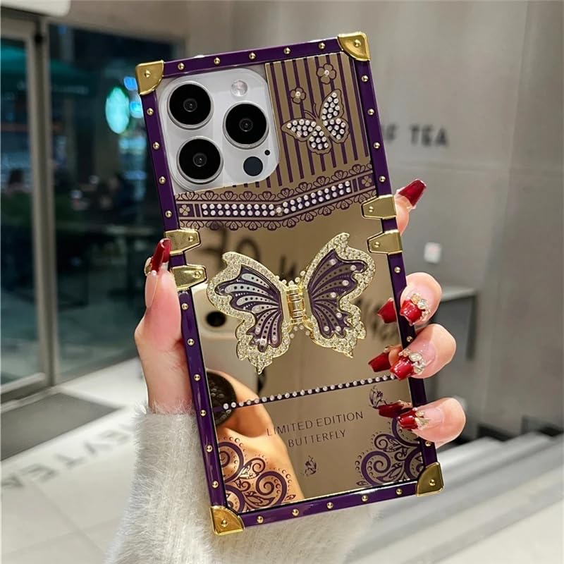 Premium Shockproof Designer Case for iPhone 15 Pro Max | Bling Butterfly Mirror Finish | Metallic Corners & Elegant Studded Frame | Stylish Protective Cover – Purple