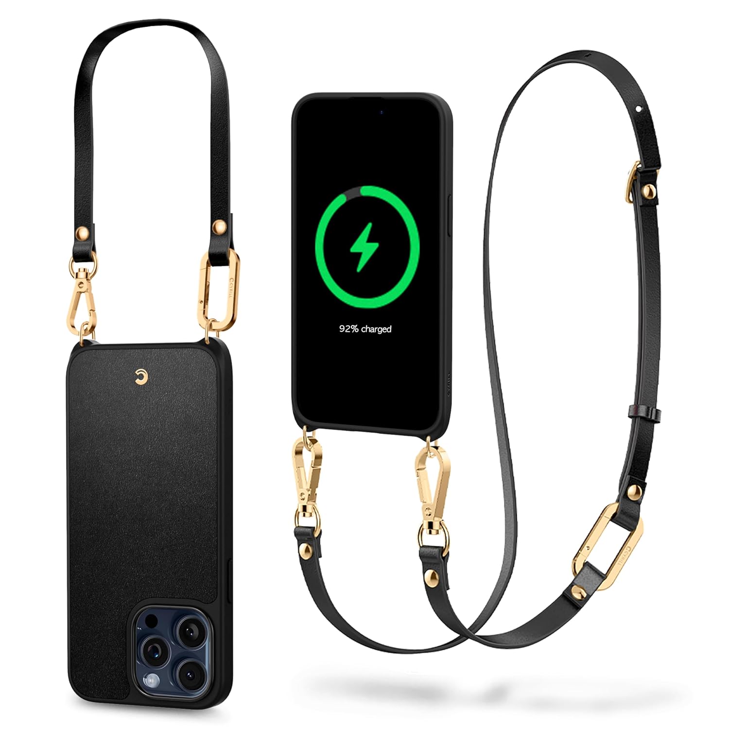 Spigen Cyrill Classic Charm Mag for iPhone 15 Pro Case, Faux Leather Crossbody Strap iPhone 15 Pro Back Cover – Black Mag