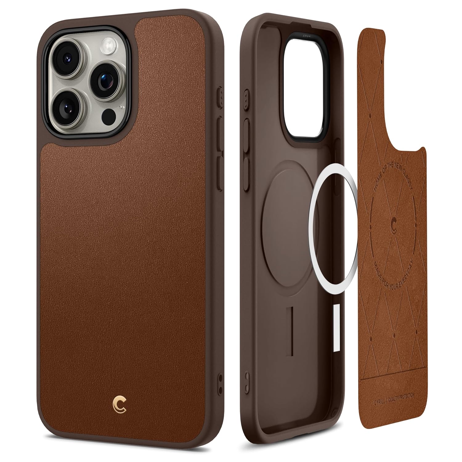Spigen Cyrill Kajuk Mag for iPhone 15 Pro Case, Faux Leather iPhone 15 Pro Back Cover – Saddle Brown