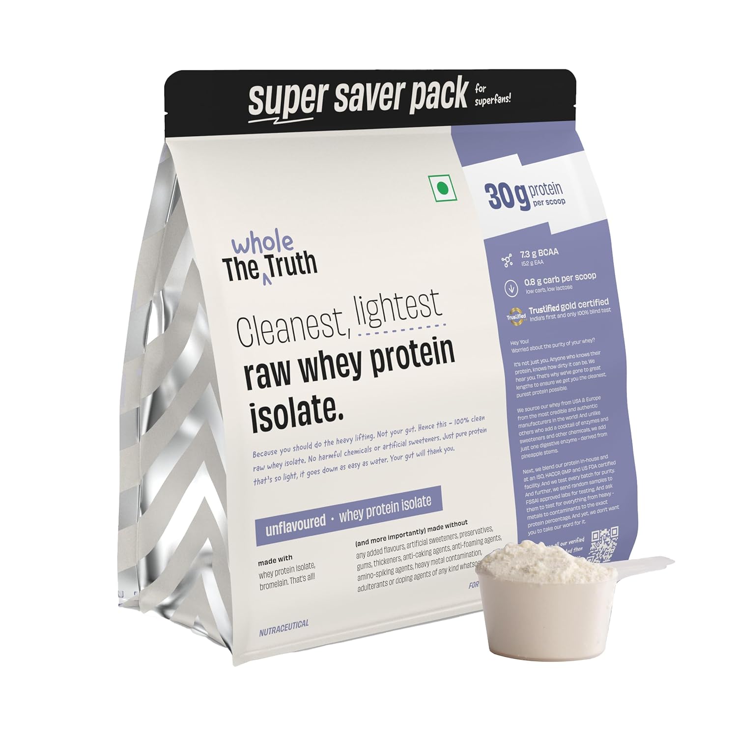 The Whole Truth Whey Protein Isolate Unflavoured |2 kg (4.4 lbs) | 30g Protein per scoop | 7.3g BCAA | No Adulteration | Improved Strength, Faster Recovery & Muscle Building | Vegetarian