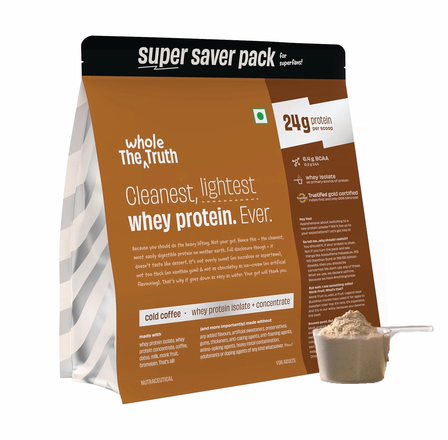 The Whole Truth Whey Protein Isolate+Concentrate | Cold Coffee 2 kg (4.4 lbs) | 24g Protein per scoop | 6.4g BCAA | No Adulteration | Clean, Light & Easy to Digest | Vegetarian