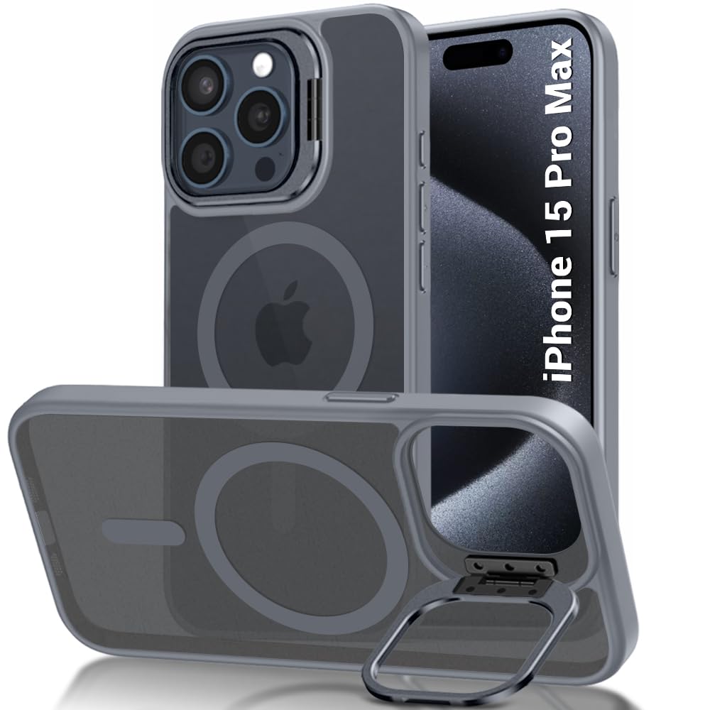 TheGiftKart Hybrid Matte Frosted Back Cover Case for iPhone 15 Pro MAX Compatible with MagSafe | Built-in Stand | Shockproof Hard Case Cover for iPhone 15 Pro MAX (PC & TPU, Translucent Grey)
