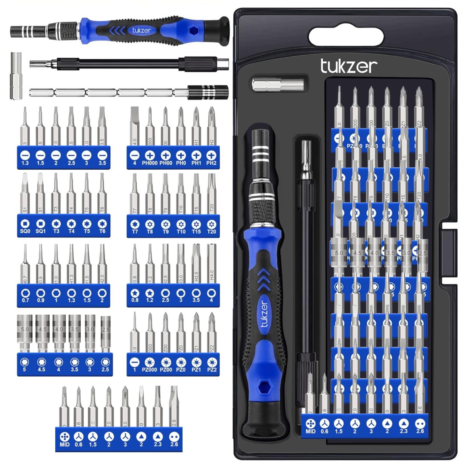 Tukzer 62 in 1 Precision Screwdriver Set, Electronics & Household Repair Tool Kit with Magnetic Steel Bits, Extension Rod, Flexible Shaft for Smartphones, Laptops, Watch, ipad, Tablets, Camera-Blue