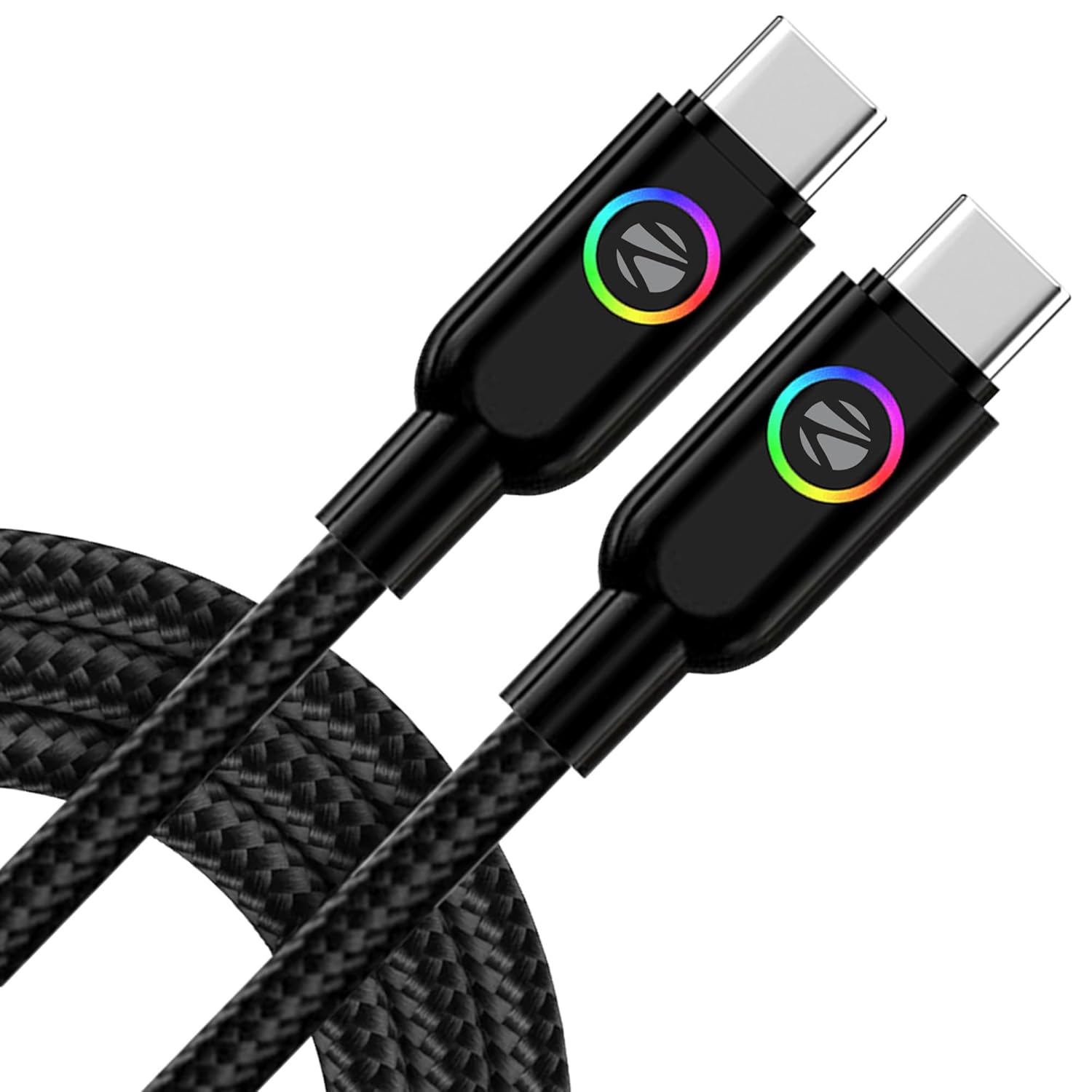 Zebronics Wattz 60CC3 Type-C to Type-C Braided Cable, PD 60W, 1 Meter, Durable, Charge & Sync, Rapid Charging, Multicolor Breathing LED, For Laptops, Tablets, Mobiles (Black)
