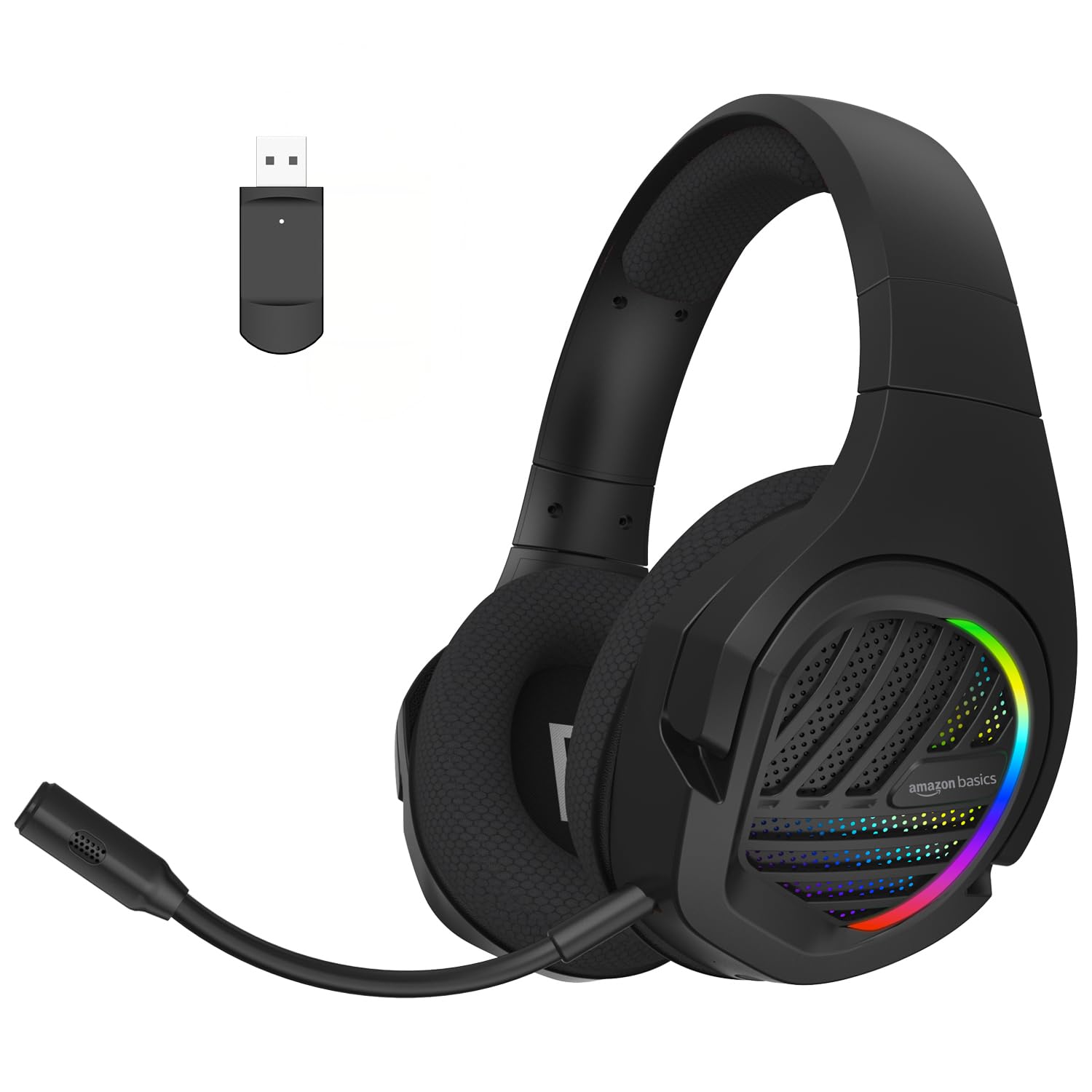 amazon basics Tri-Mode Wireless RGB Gaming Headphones with Detachable Mic,Volume Scroller,Microphone On/Off Button,Type-C Charging Jack, for PC and Laptop. (Black)