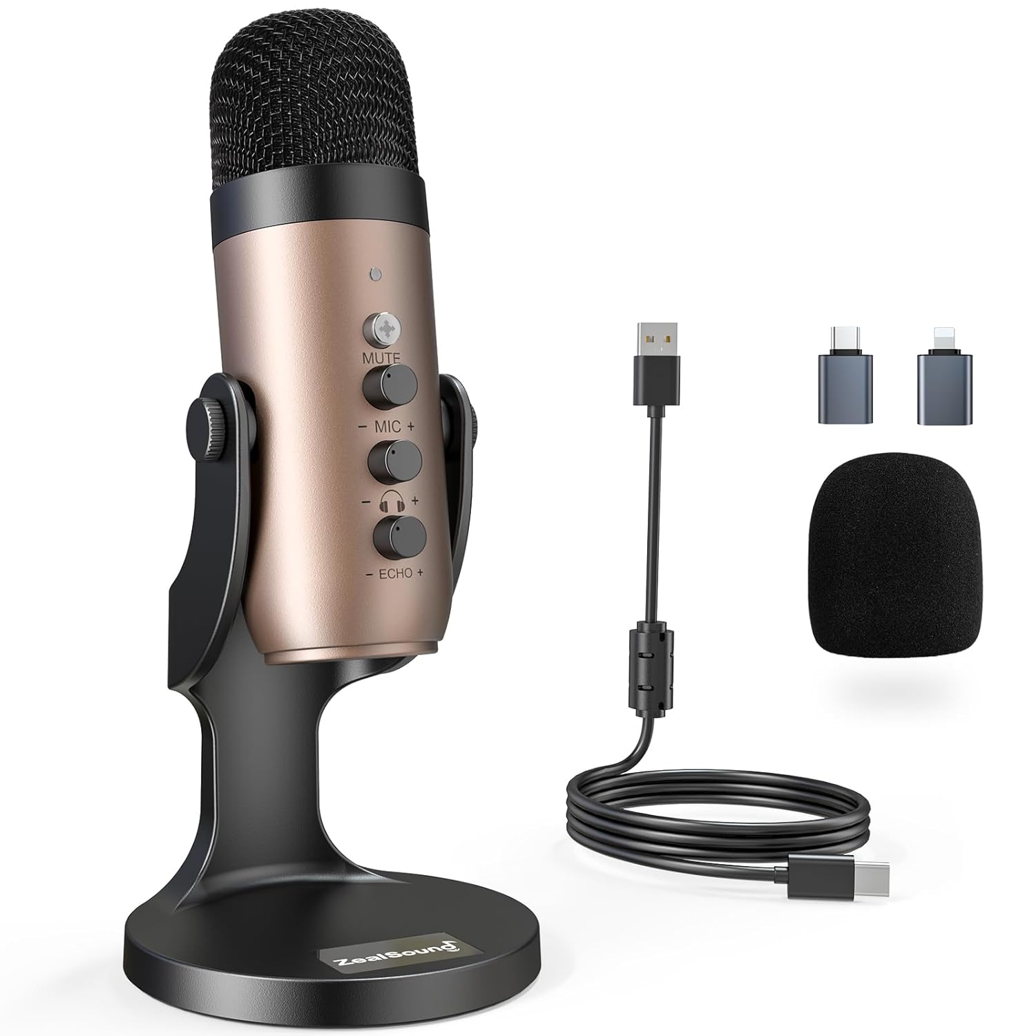 zealsound Condenser Microphone for PC/Phone/PS4/PS5 – USB Gaming Mic with Noise Cancellation, Volume Control, Gain, Mute, Plug & Play Mic for Video Recording, Singing, Podcasting, YouTube(Gold)