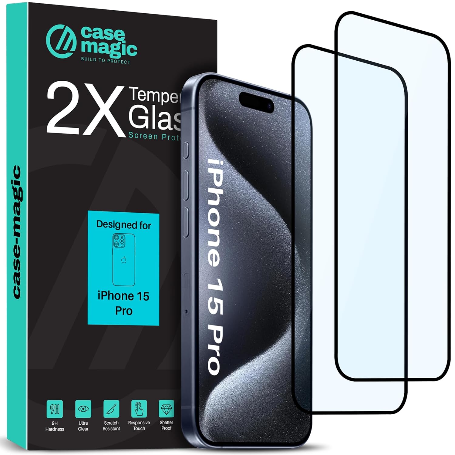 2-Pack Tempered Glass for iPhone 15 Pro – 9H Hardness, Ultra Clear, Scratch Resistant, Responsive Touch, Shatterproof, Bubble-Free Installation